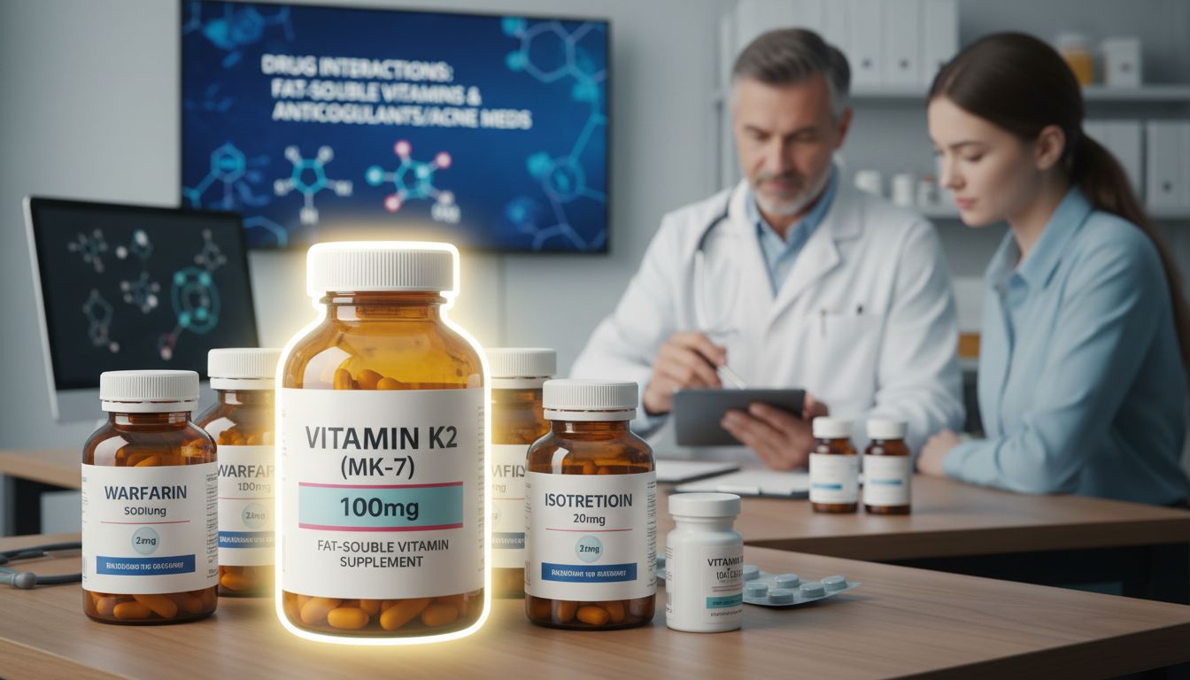 지용성 비타민 섭취 시 약물 상호작용 위험과 전문가 상담의 중요성을 표현한 이미지