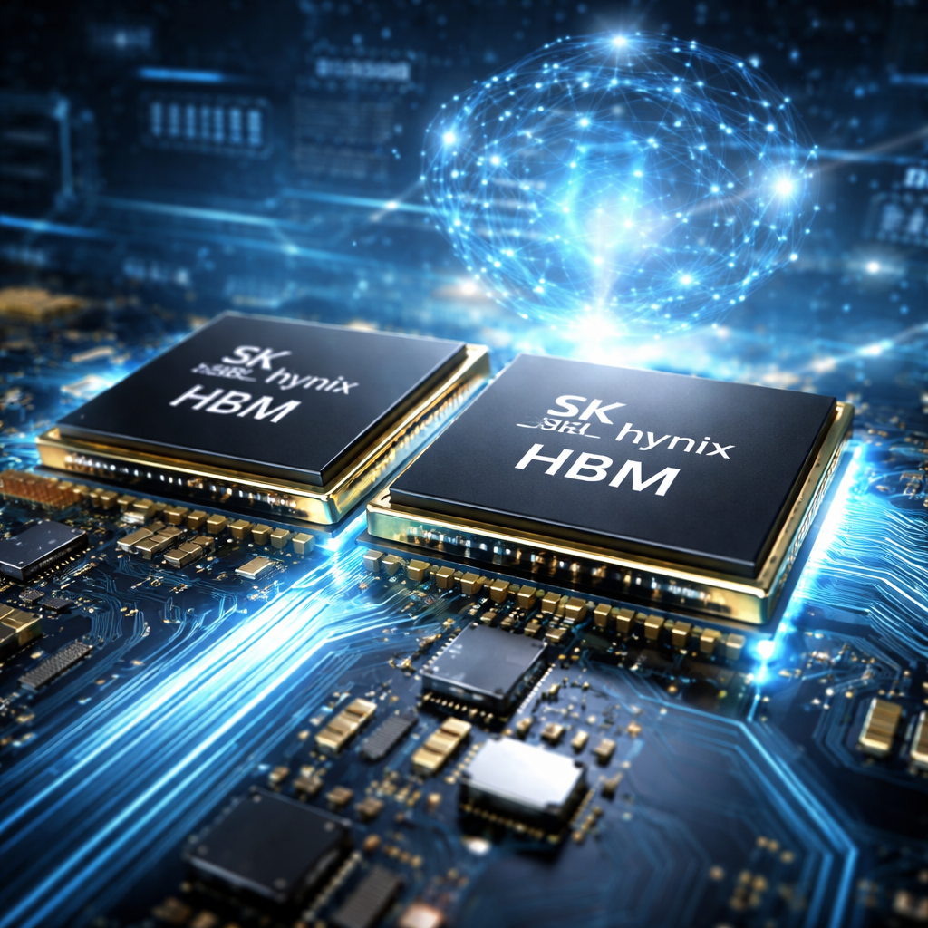 SK하이닉스의 AI 핵심 기술인 고대역폭 메모리(HBM) 칩을 강조한 반도체 이미지