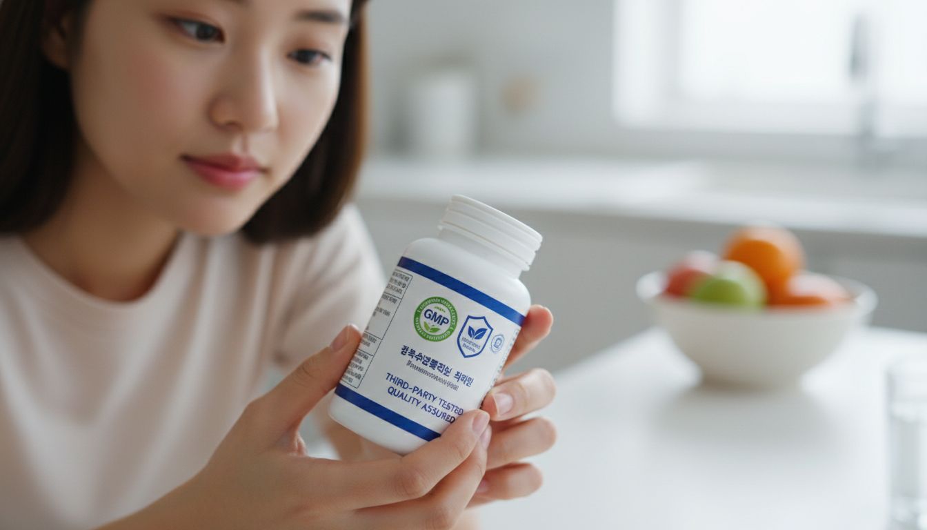 건강기능식품 마크가 붙은 영양제 제품 라벨을 꼼꼼히 확인하는 모습을 담은 고화질 사진