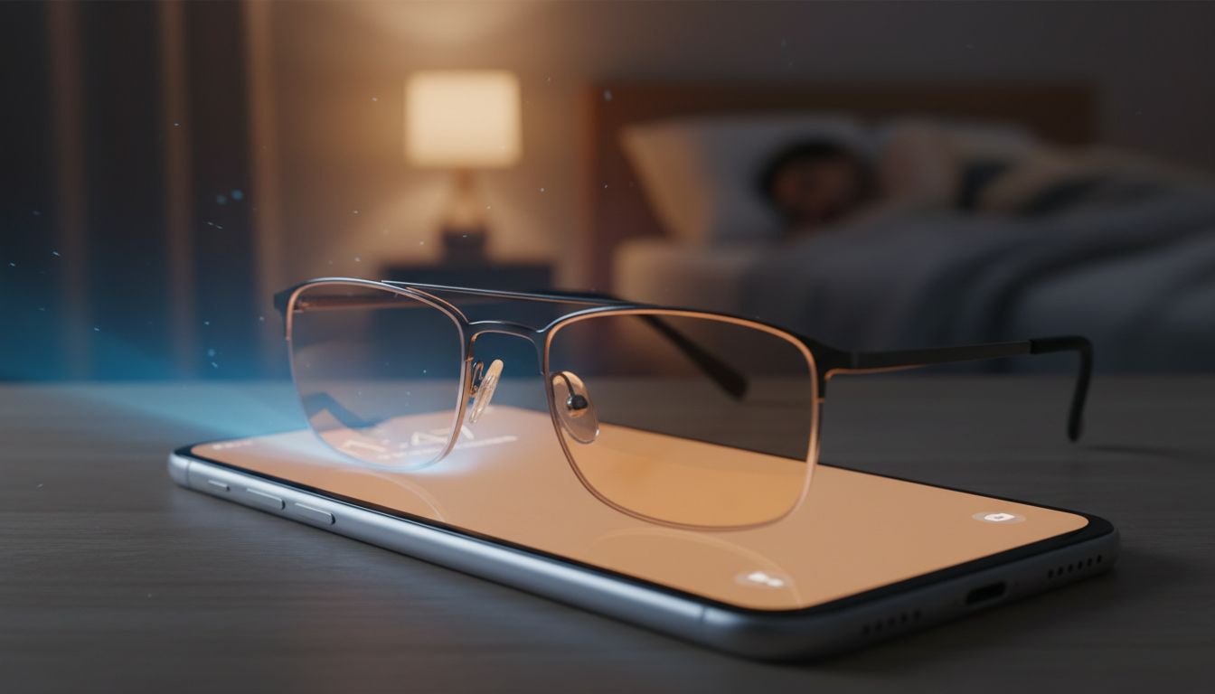 블루라이트 차단 안경과 야간 모드 소프트웨어 필터를 통해 블루라이트가 차단되는 모습의 디지털 기기 화면