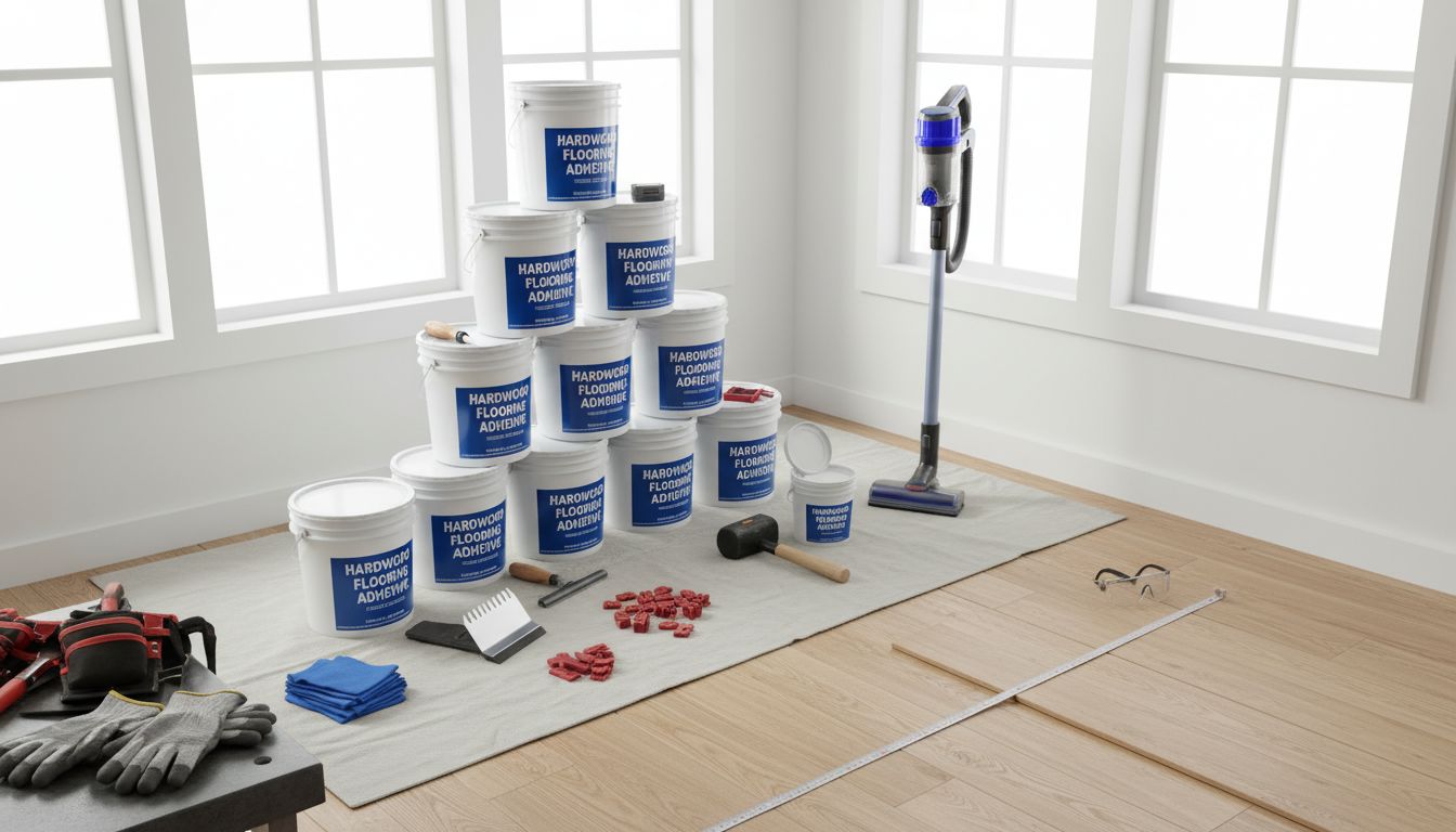 강마루 본드 시공을 위한 준비물이 잘 정돈되어 있는 작업 공간 사진