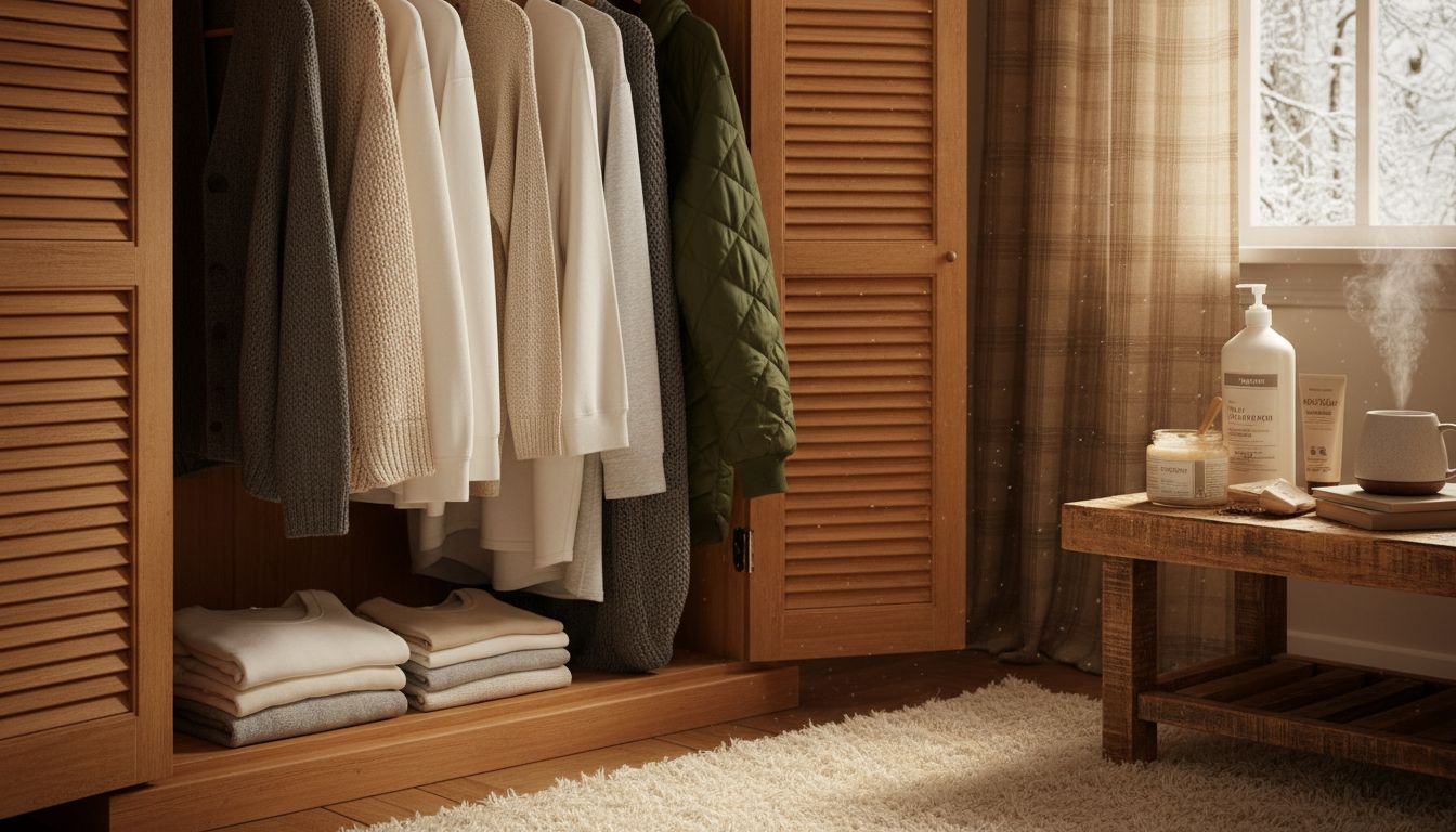 겨울철 두꺼운 옷과 면 이너웨어, 보습 제품과 각질 제거 제품이 놓인 실내와 환기된 옷장의 모습