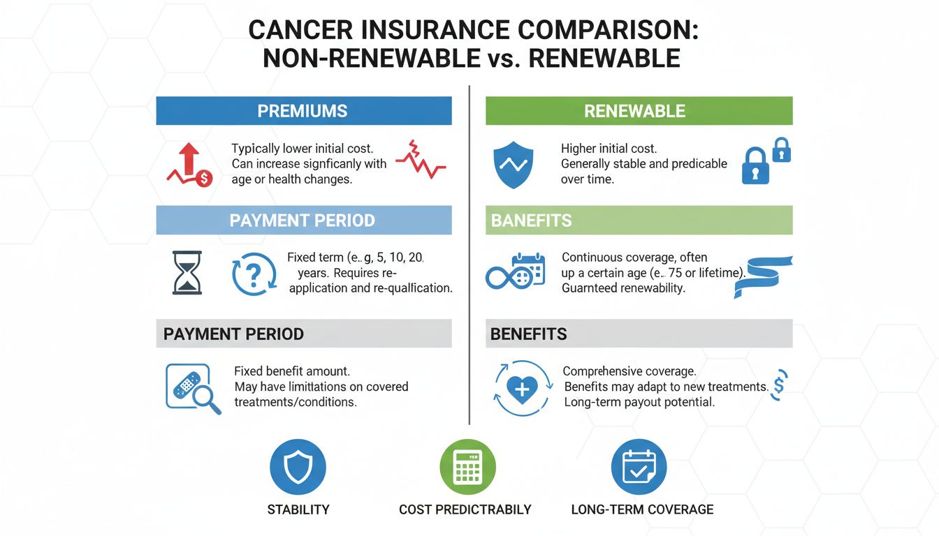 비갱신형 암보험과 갱신형 암보험의 보험료 방식, 납입 기간, 장단점을 비교하는 인포그래픽 이미지