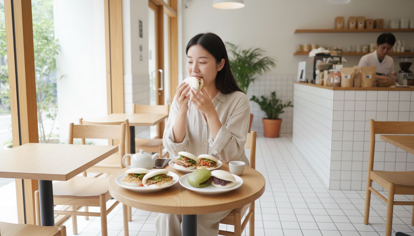 흰색 타일과 심플한 목재 가구가 있는 미니멀하고 트렌디한 카페에서 대만식 찐빵 바오를 먹는 젊은 혼밥 여행객