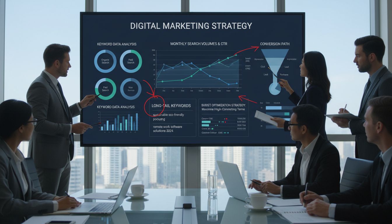 키워드 데이터와 검색량, 클릭률 지표를 분석해 롱테일 키워드 및 예산 최적화 전략을 시각화한 마케팅 전략 이미지