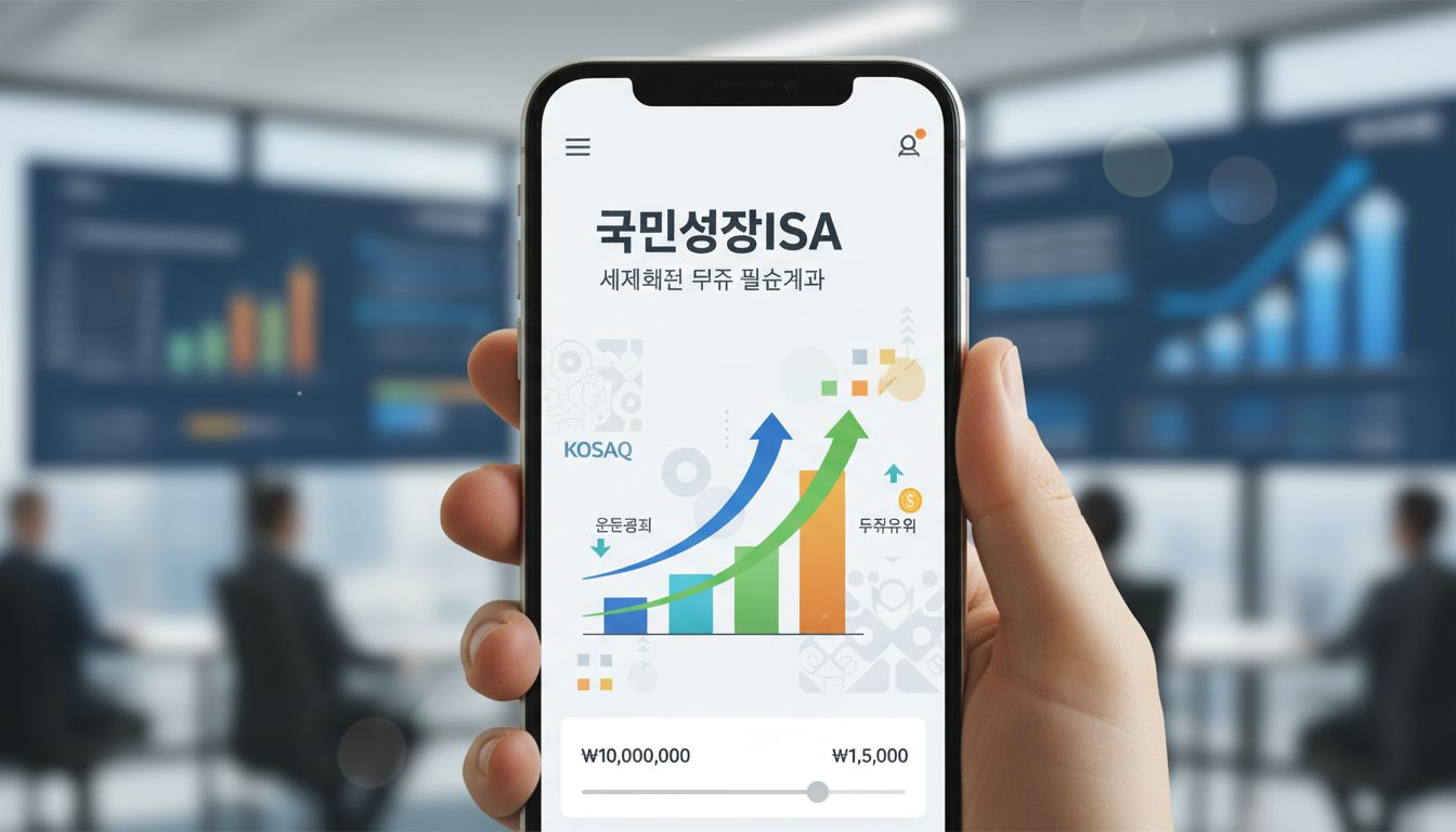 국민성장ISA의 절세 혜택과 투자 성장 개념을 보여주는 금융 앱과 국내 주식 시장 심볼이 포함된 실사 스타일 이미지