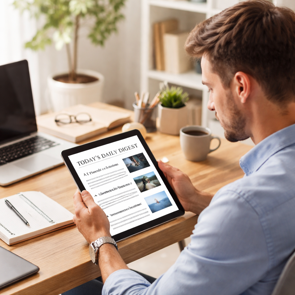 현대 직장인이 편안한 홈오피스에서 디지털 구독 서비스를 통해 효율적으로 지식을 습득하는 모습