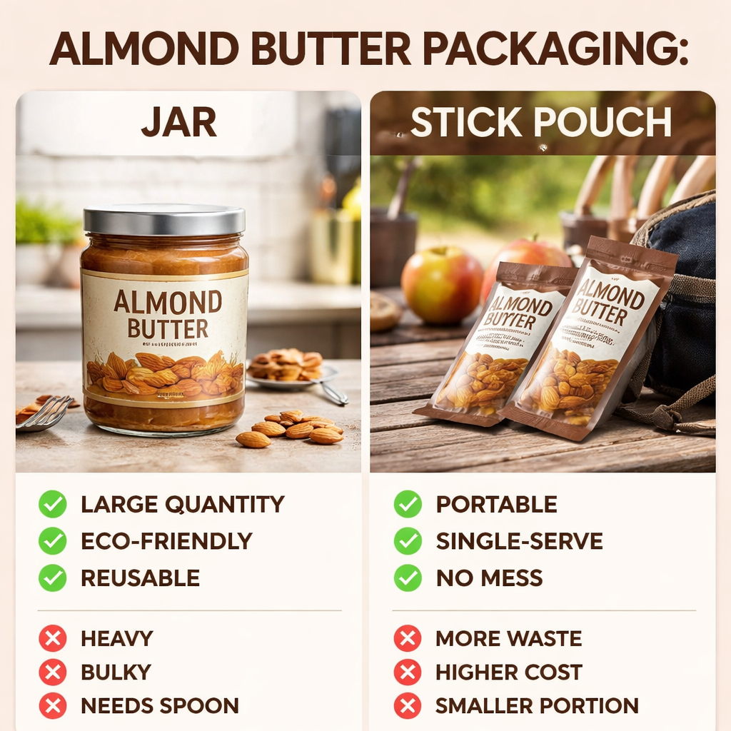 아몬드버터 병 타입과 스틱 타입 포장 형태 비교 이미지