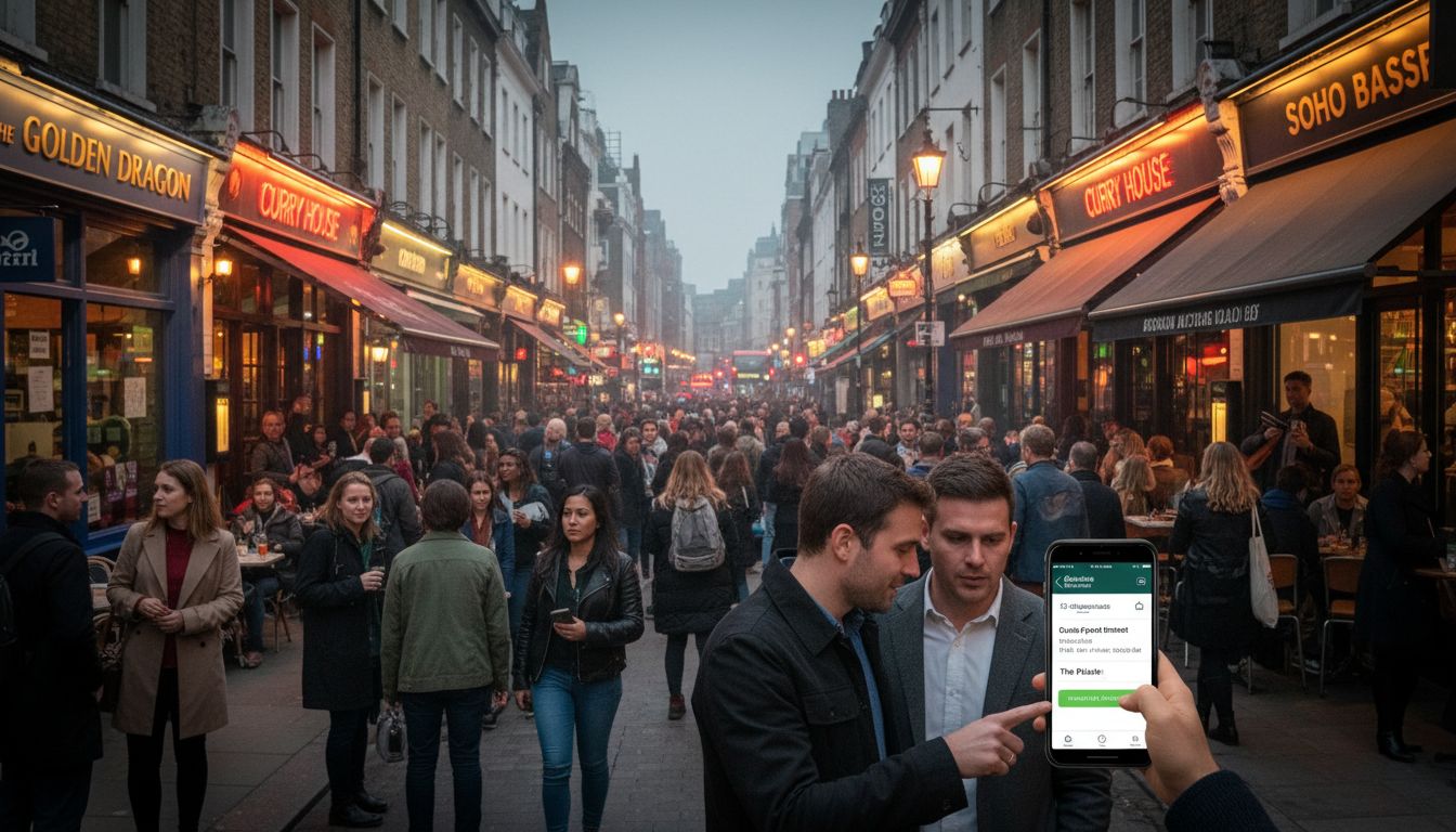 런던 소호 거리의 활기찬 저녁 모습과 스마트폰으로 예약하는 장면