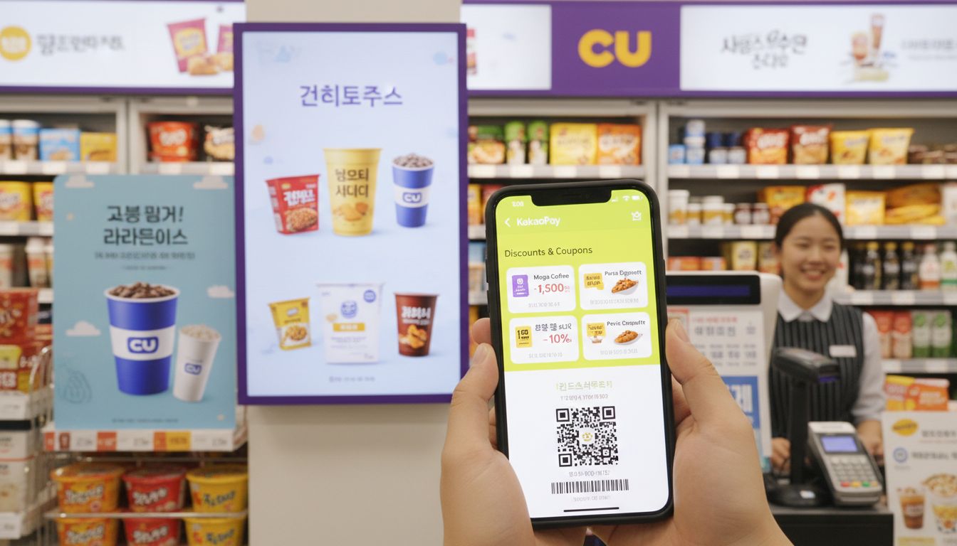 편의점 결제 시 카카오페이 즉시 할인 쿠폰을 사용하는 모습