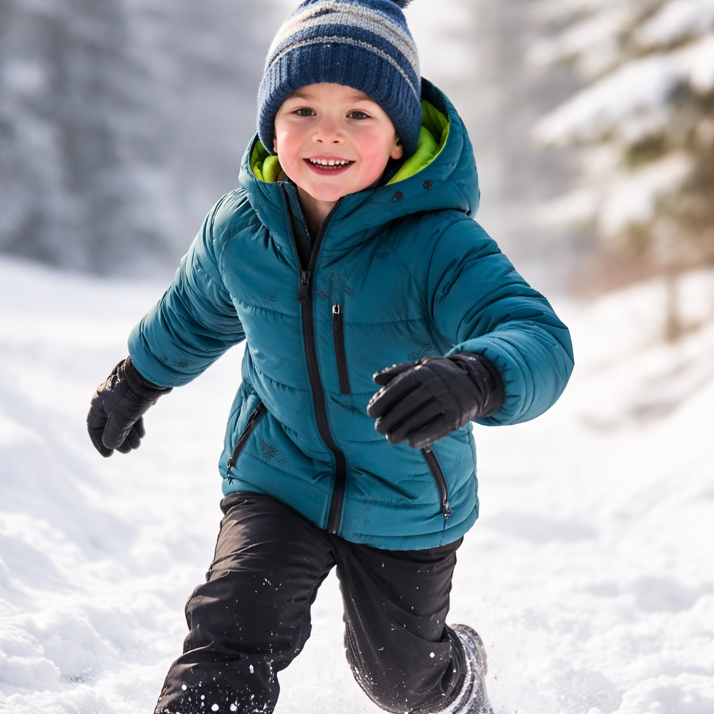 입체 패턴 디자인으로 자유롭게 움직이는 아이가 가벼운 패딩을 입고 밖에서 뛰노는 모습