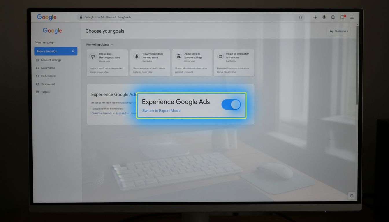 컴퓨터 화면에 구글 광고의 전문가 모드 전환 단계를 보여주며 전문가 모드 전환 버튼이 강조된 클로즈업 화면