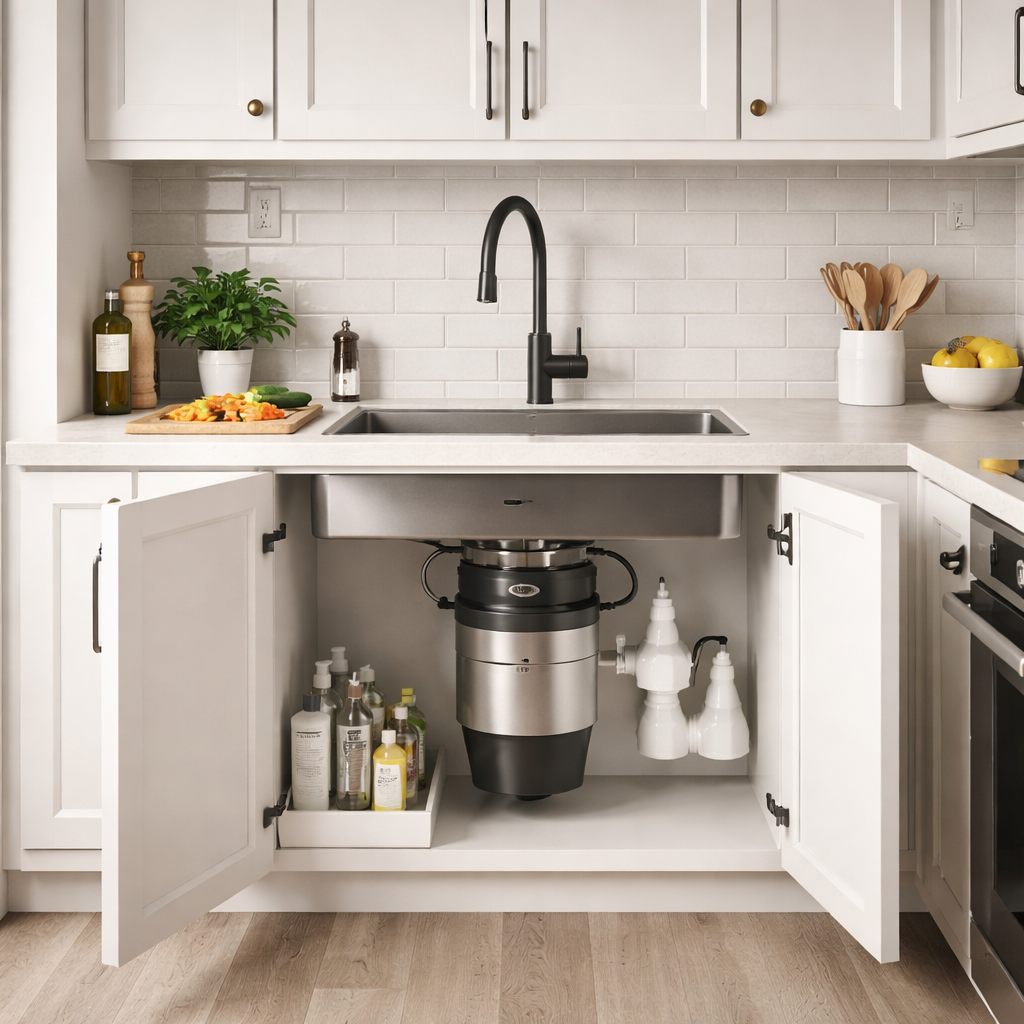비좁은 주방에 설치된 소형 음식물처리기로 넓고 깨끗한 주방 내부 모습