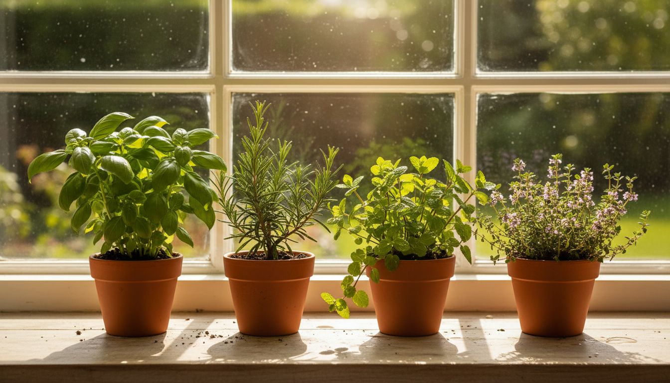 주방 창가에 다양한 허브 식물이 작은 화분에 심어진 모습