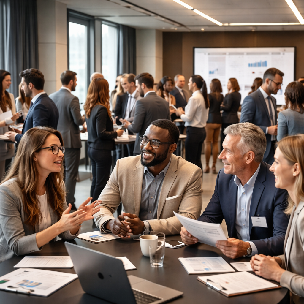 현대적인 회의실에서 활발히 지식을 공유하고 교류하는 프리미엄 스터디 커뮤니티와 전문가 네트워킹을 나타내는 모습