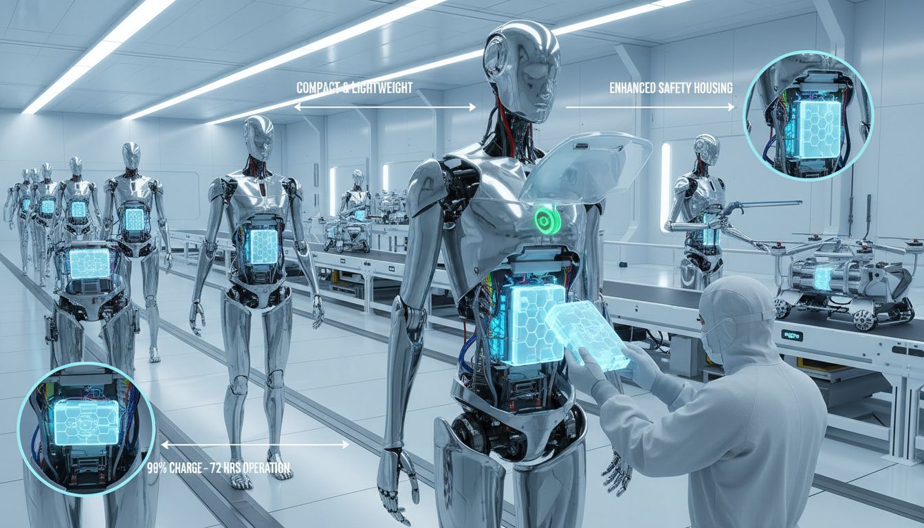 전고체 배터리를 탑재한 첨단 휴머노이드 로봇의 산업 현장 모습