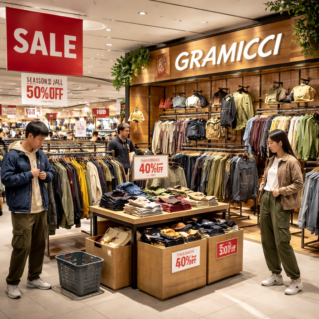 그라미치 브랜드 코너가 있는 현대적인 백화점 매장에서 쇼핑객들이 시즌 세일 기간 옷을 입어보는 모습