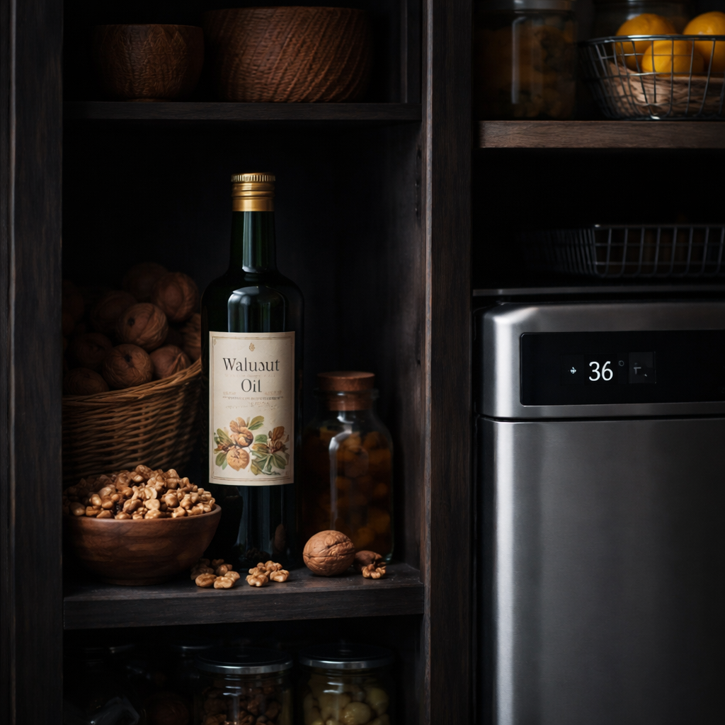서늘하고 어두운 곳에 호두 오일을 보관하는 주방 저장 공간과 냉장 보관을 상징하는 이미지