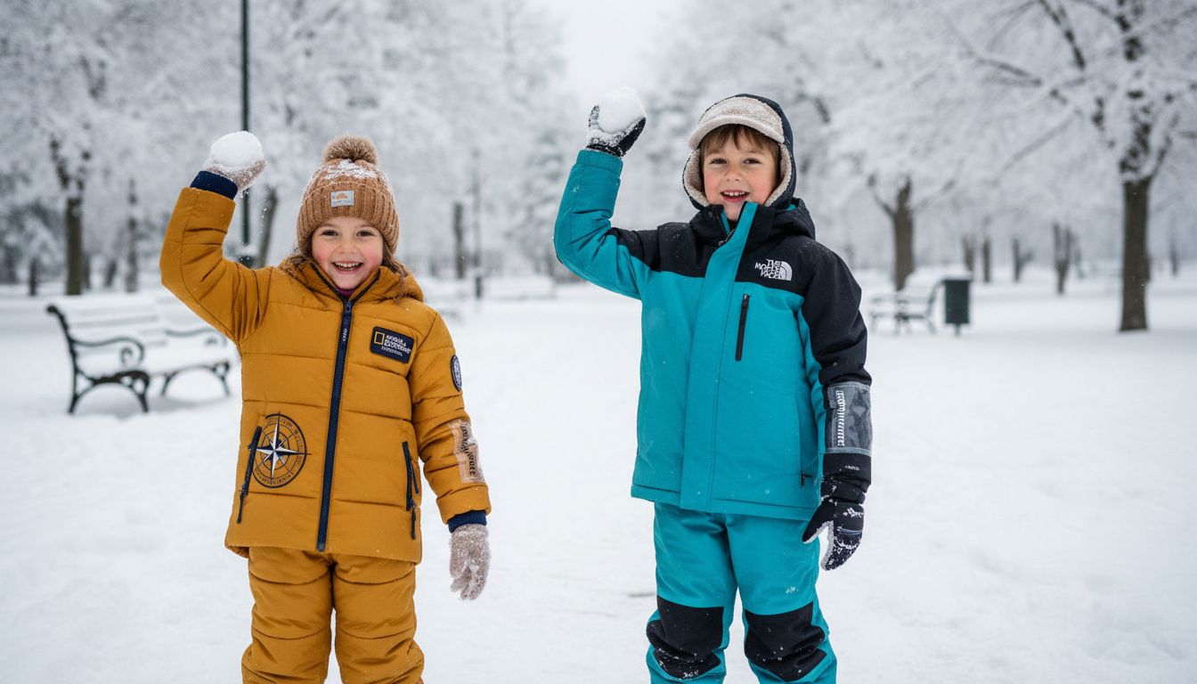 내셔널지오그래픽 패딩과 노스페이스 패딩을 입은 아이들의 야외 겨울 실사 이미지