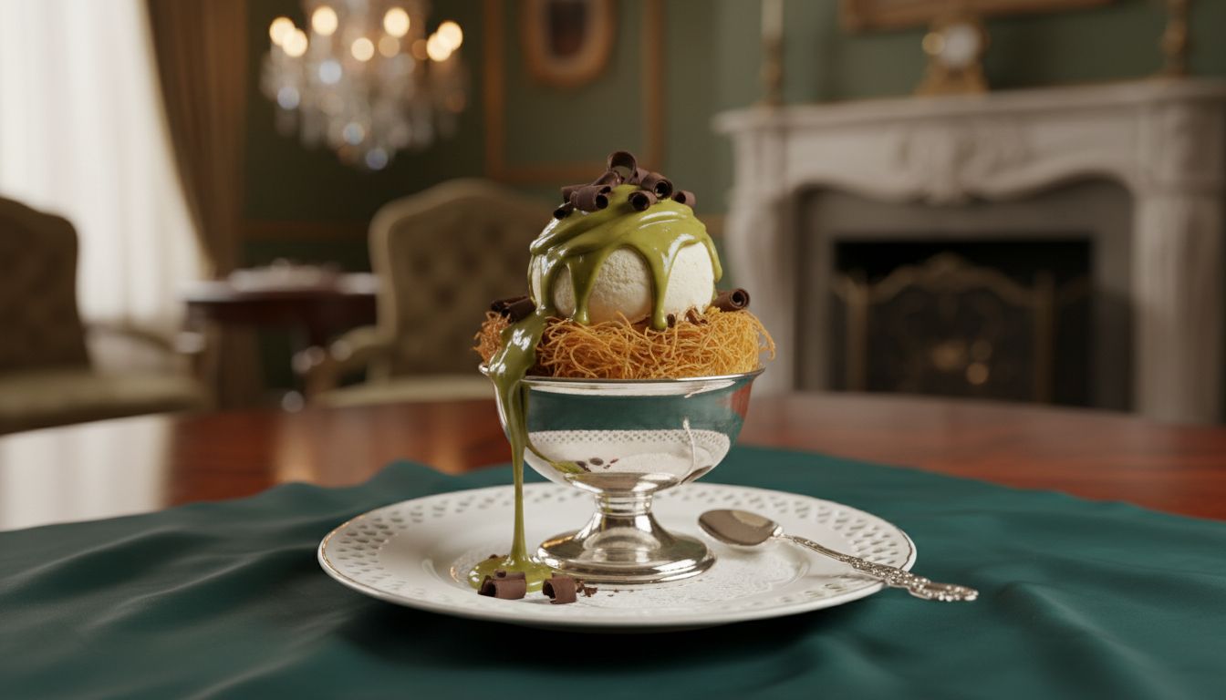 바닐라 아이스크림 위에 피스타치오 스프레드와 바삭한 카다이프, 초콜릿 조각이 올려진 디저트 장면