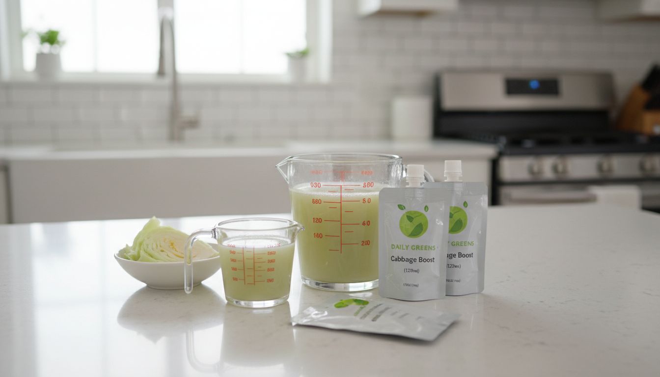 양배추즙의 하루 권장 섭취량을 보여주는 이미지, 계량컵과 음료 팩이 놓인 주방 테이블