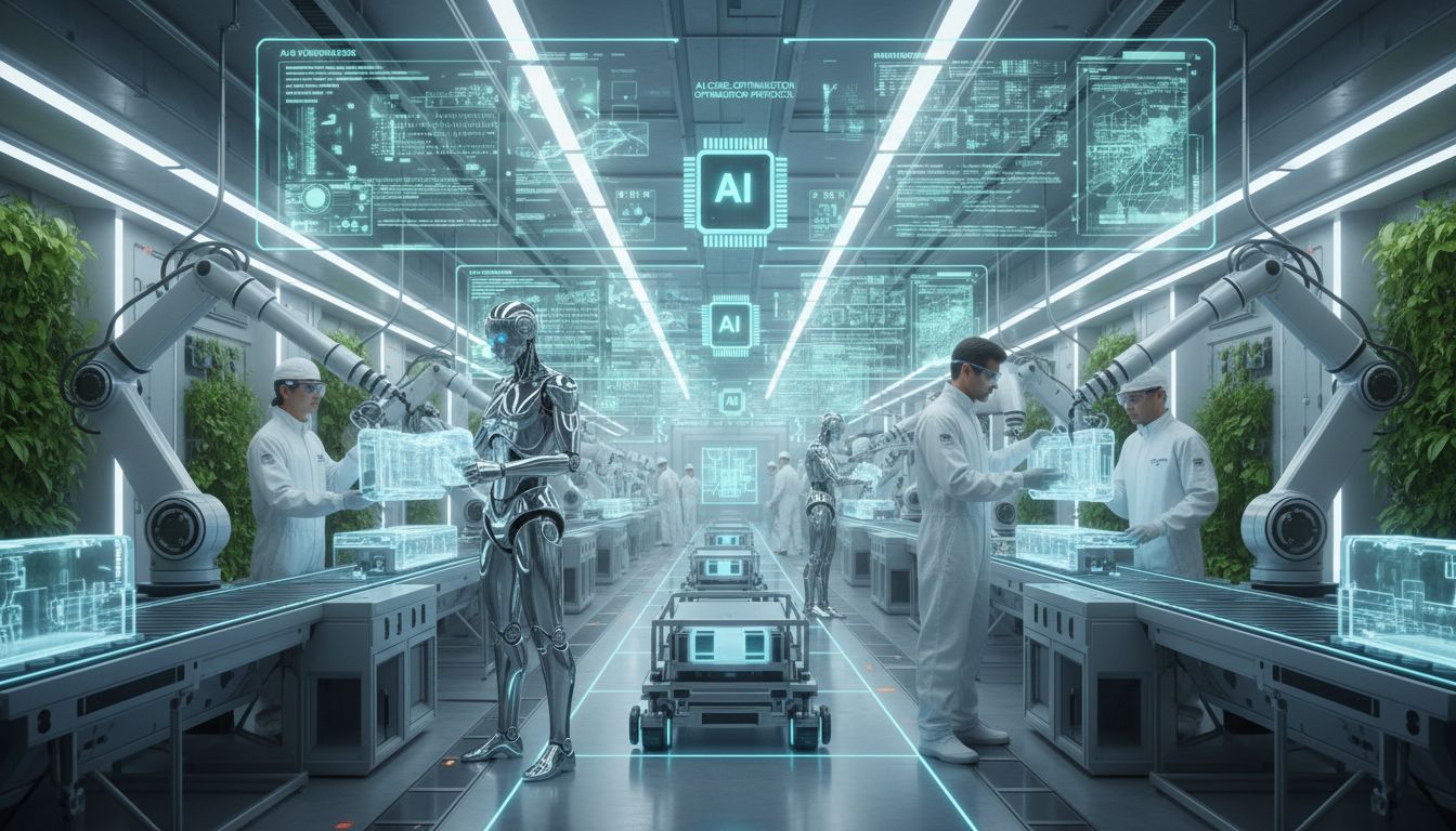 피지컬 AI가 가동되는 미래형 스마트 공장의 휴머노이드 로봇과 인간 작업자가 함께 일하는 모습