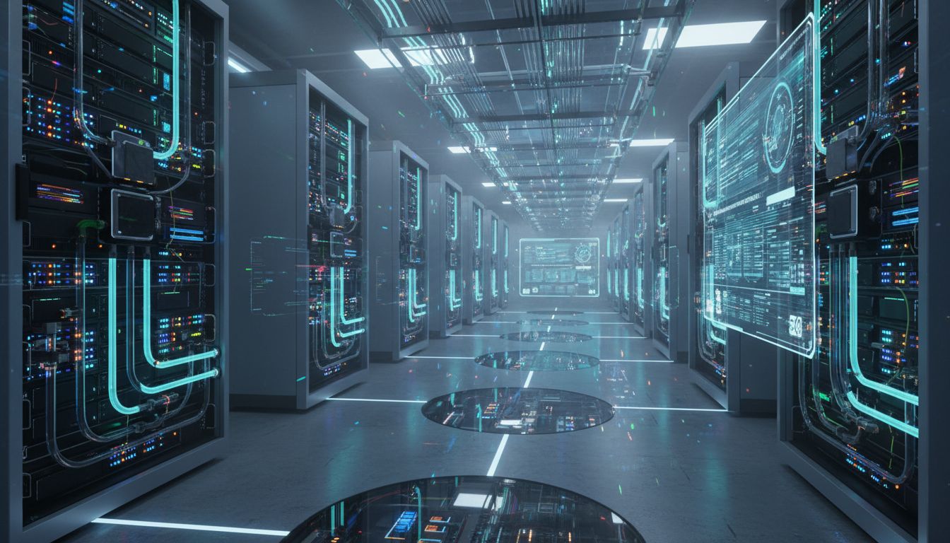 액체 냉각 기술이 적용된 최첨단 서버가 있는 현대적 데이터센터 내부 모습