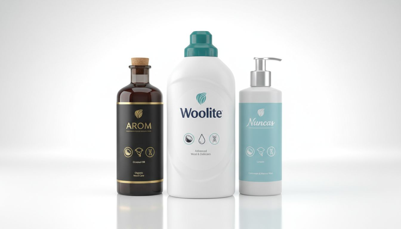 아로퓸, 울라이트, 눈카스 울 세제 제품들이 주요 성분 아이콘과 함께 깔끔하게 놓여진 고화질 실사 이미지