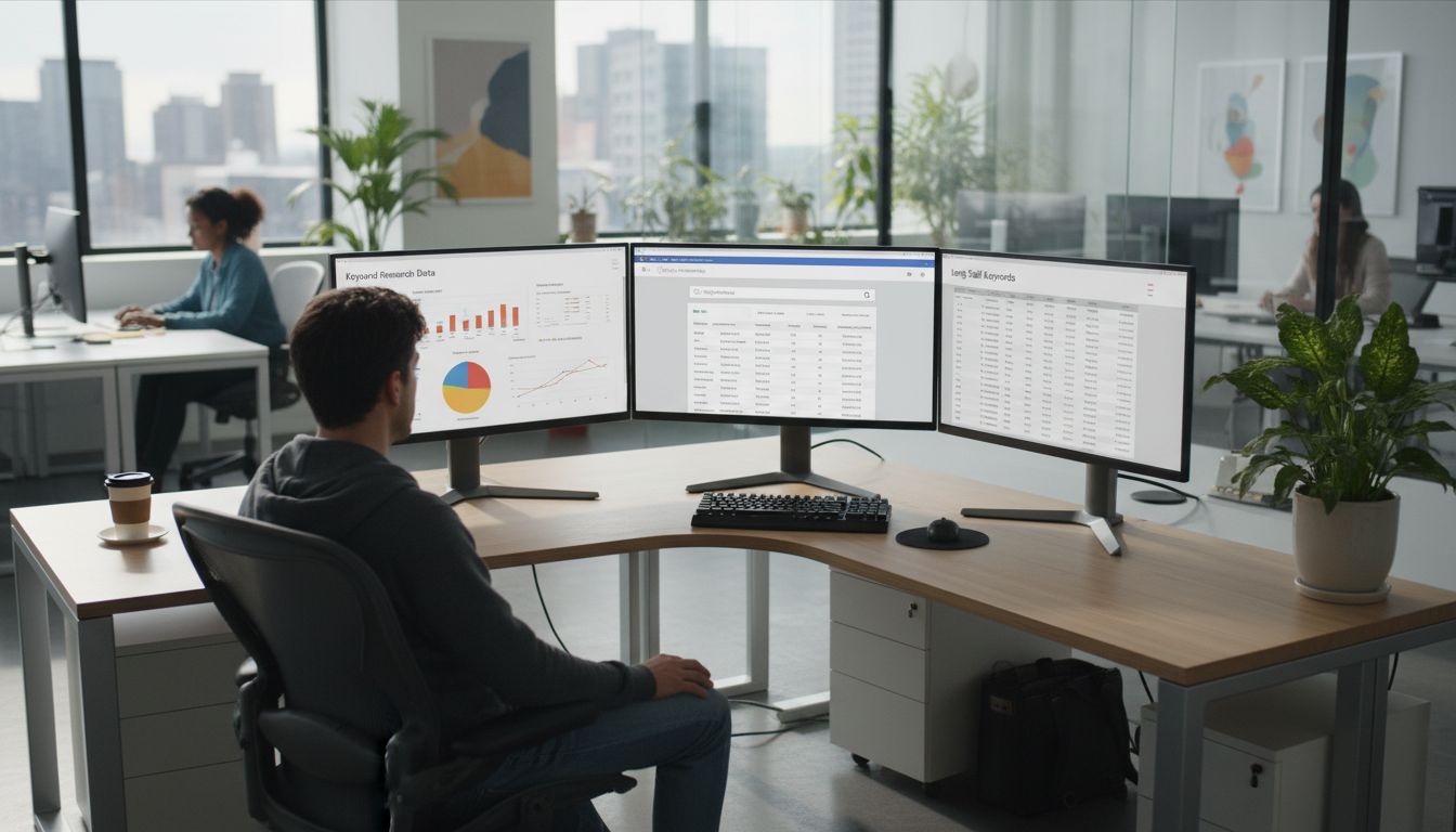 사람이 컴퓨터 앞에 앉아 구글 키워드 플래너 인터페이스와 키워드 연구 데이터 차트가 보이는 사무실 환경을 배경으로 작업하는 모습