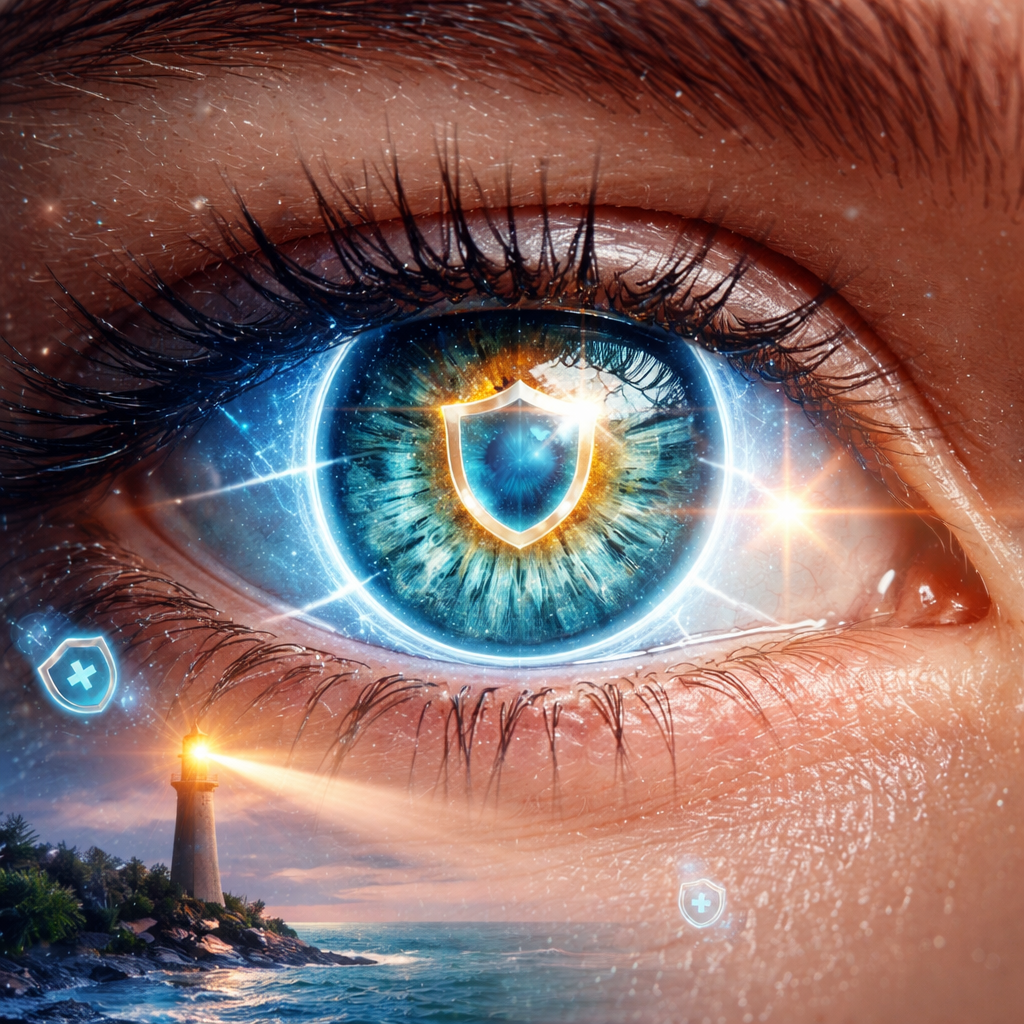 시력 보호와 면역력 강화를 상징하는 등대가 배경에 있는 인간의 눈 클로즈업 이미지