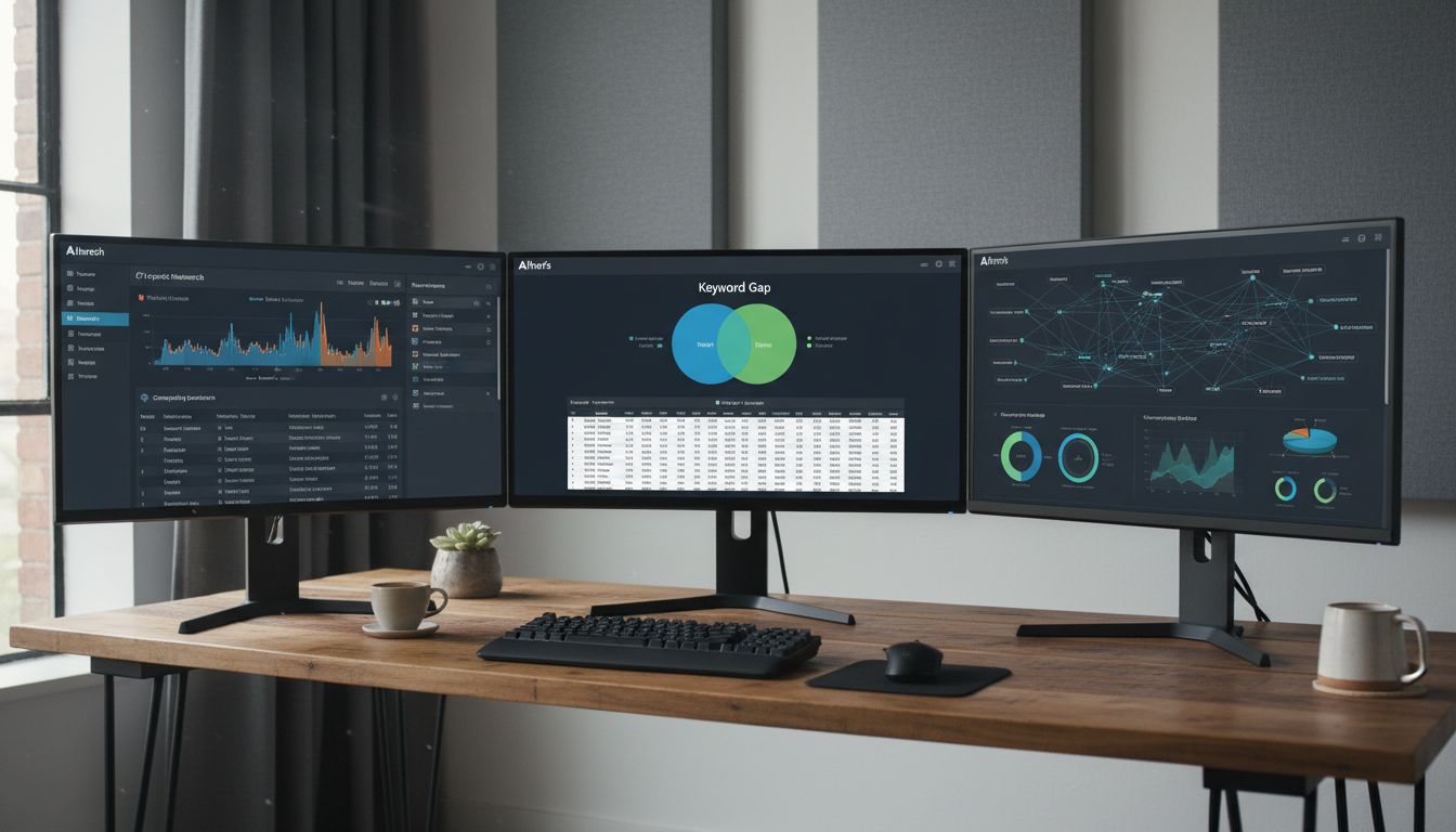 키워드 갭 분석을 보여주는 여러 SEO 도구가 열려 있는 디지털 작업 공간 이미지