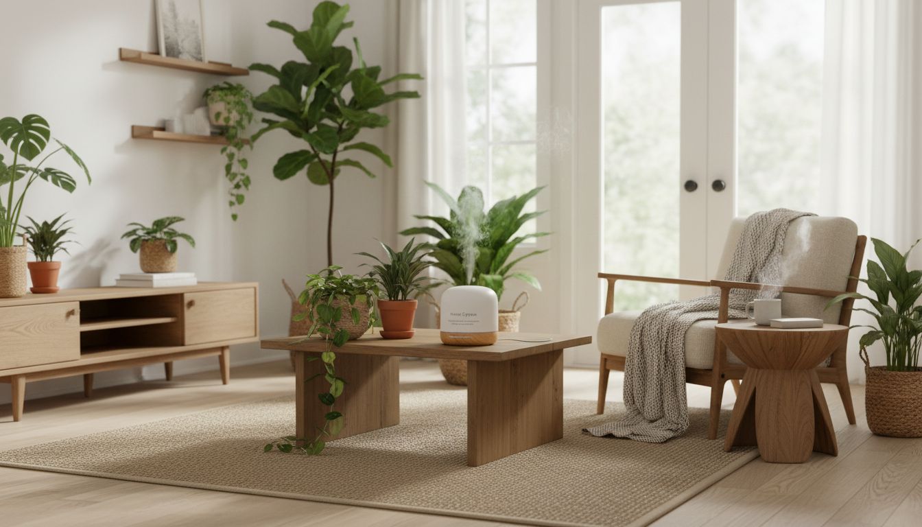 편백나무 오일 디퓨저가 있는 자연 친화적이고 편안한 실내 공간의 모습