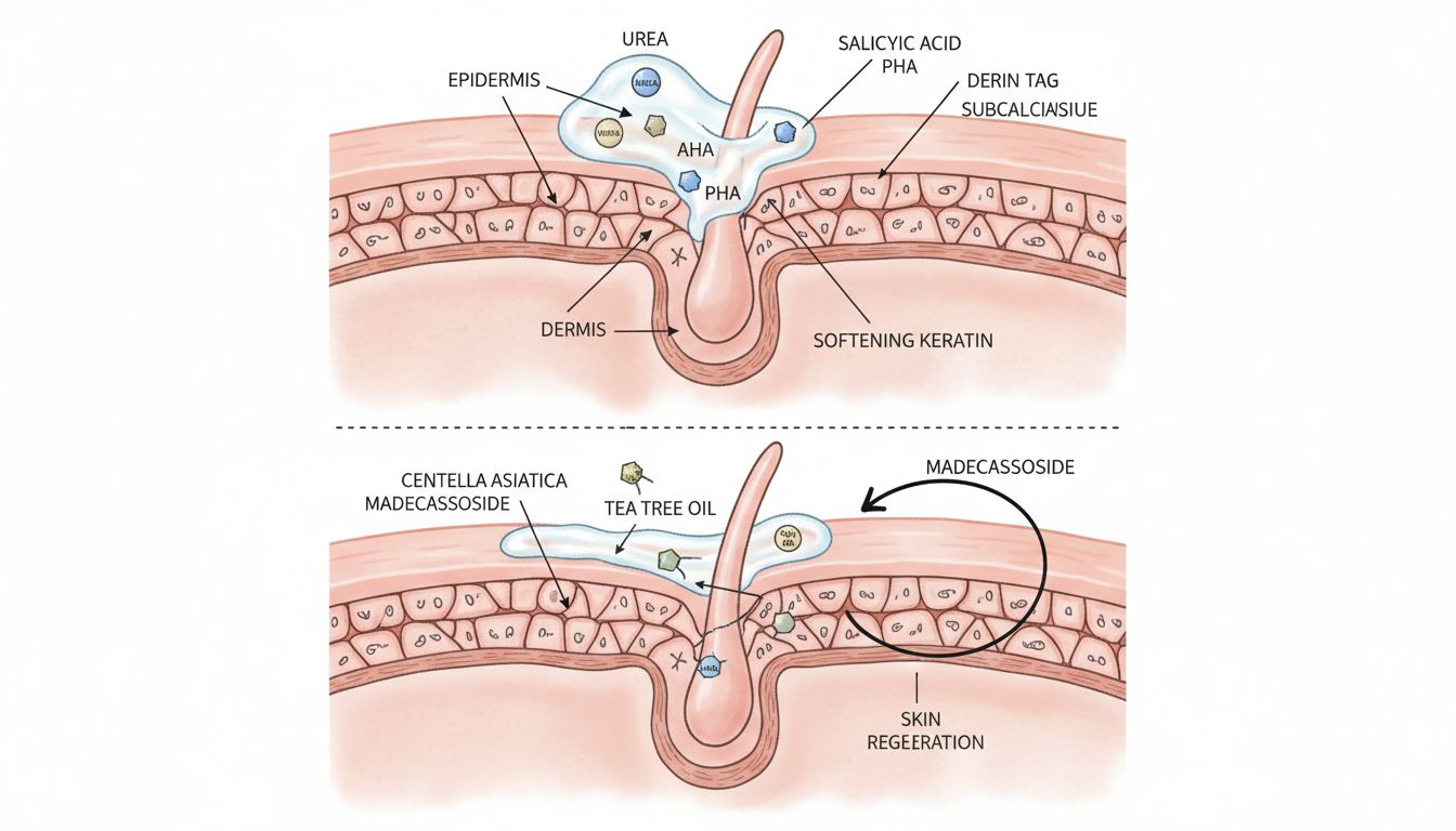 쥐젖 제거 크림의 작용 원리를 보여주는 피부 단면과 주요 성분을 표현한 과학적 일러스트