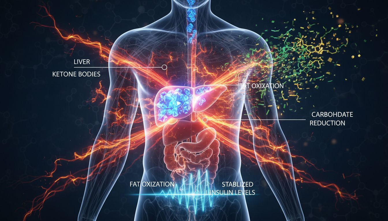 케토시스 상태에서 포도당 대사에서 케톤 대사로 전환되는 인체 에너지 시스템 시각화