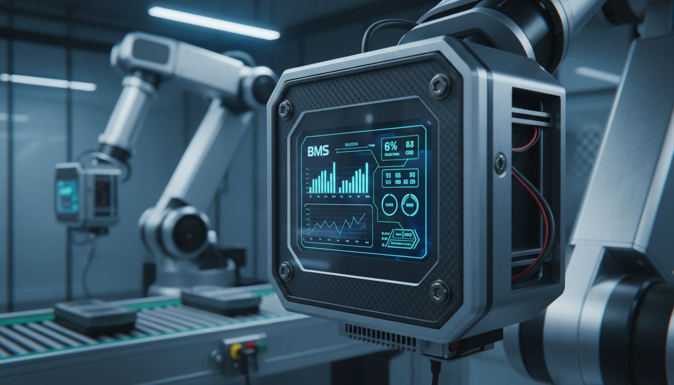 스마트 팩토리 내 산업용 로봇과 첨단 배터리 관리 시스템을 보여주는 화면