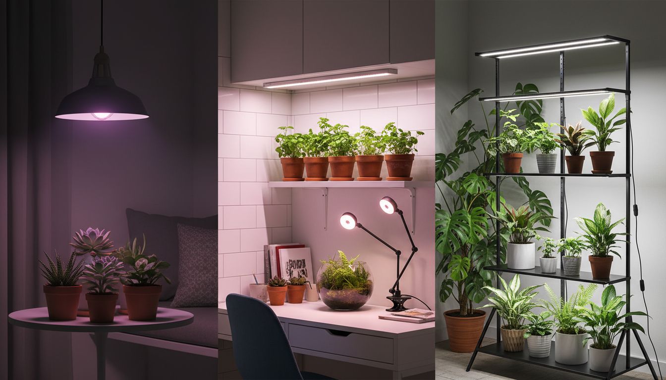 전구형, 바형, 집게형, 스탠드형 LED 식물등이 각각 다른 실내 환경에서 사용되는 모습