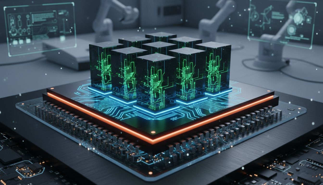 TSMC 3nm 공정 기반 8단 적층 HBM4 메모리가 탑재된 차세대 GPU 칩의 미래지향적인 모습을 고화질 실사 스타일로 표현한 이미지