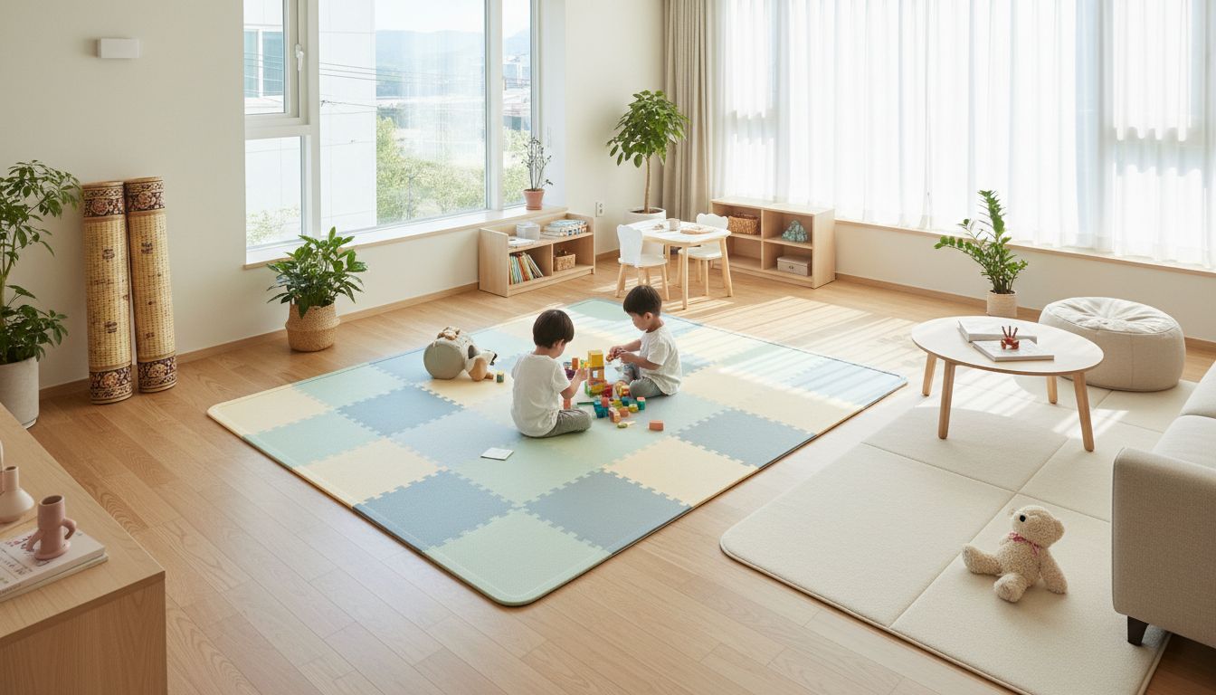 퍼즐 매트, 롤 매트, 맞춤 전문 시공 매트가 설치된 현대 한국 가정의 실내 모습과 설치 유형을 보여주는 이미지