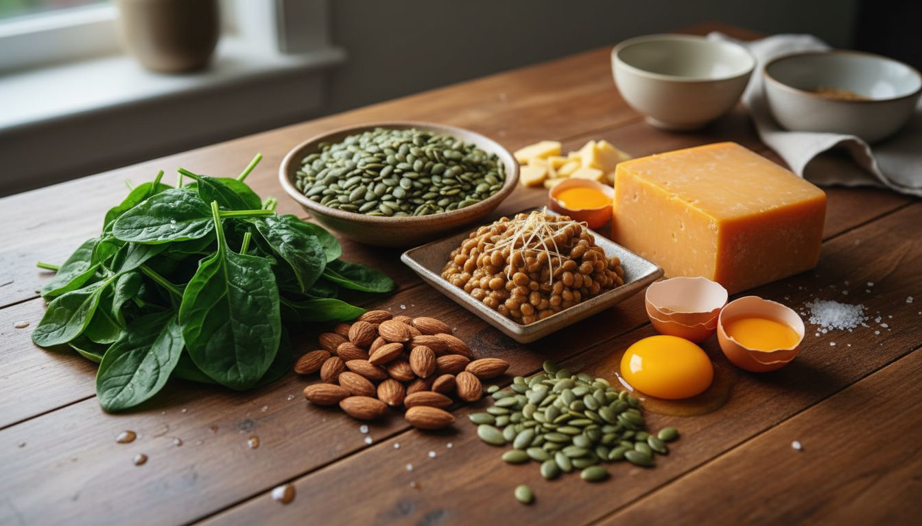 마그네슘이 풍부한 시금치, 아몬드, 호박씨와 비타민 K2가 풍부한 낫토, 체다치즈, 계란 노른자를 보여주는 실사 이미지
