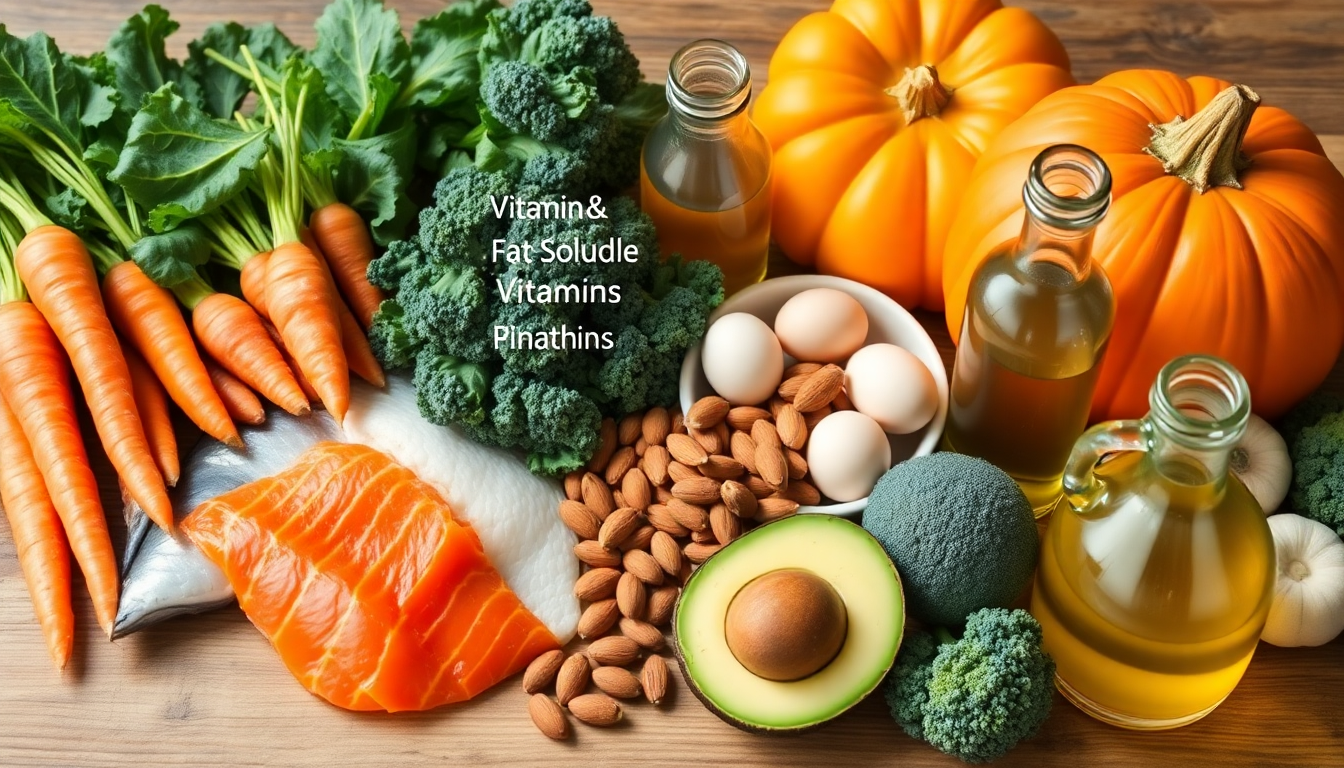 다양한 지용성 비타민(A, D, E, K) 공급원을 보여주는 신선한 식재료들이 나무 식탁 위에 아름답게 배치된 모습.