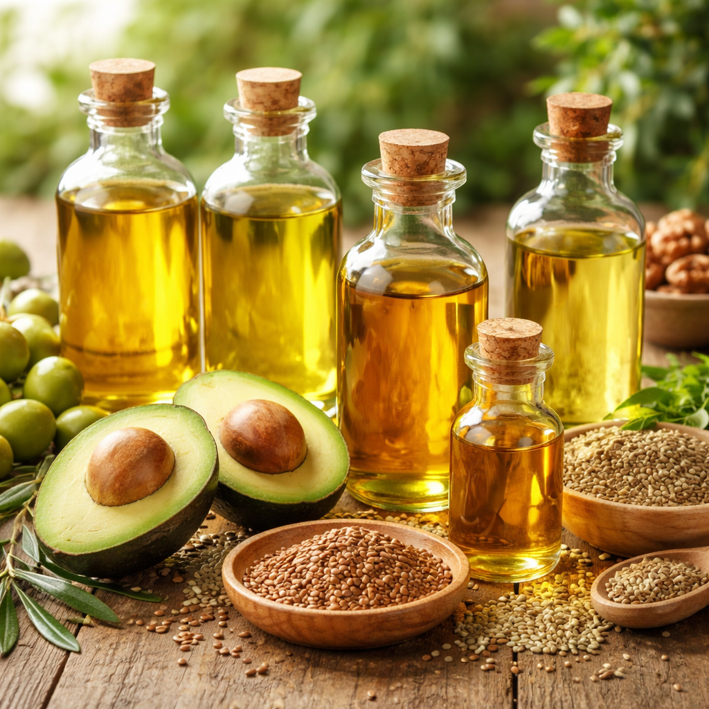 다양한 유기농 냉압착 오일이 담긴 유리병들과 올리브, 아보카도, 아마씨, 헴프씨드 등 신선한 자연 재료들이 나무 테이블 위에 놓여 있는 모습