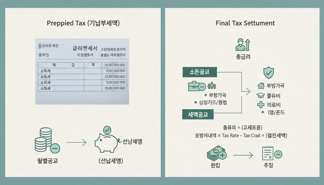 연말정산의 기납부세액과 결정세액, 소득공제와 세액공제의 차이를 설명하는 인포그래픽 이미지
