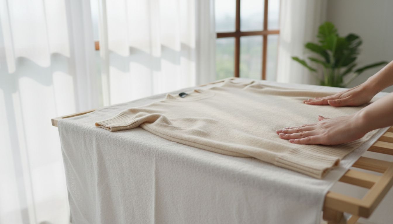 평평한 공간에 수건 위에 니트를 뉘어 놓고 부드럽게 형태를 잡아주는 건조 및 보관 과정을 담은 이미지