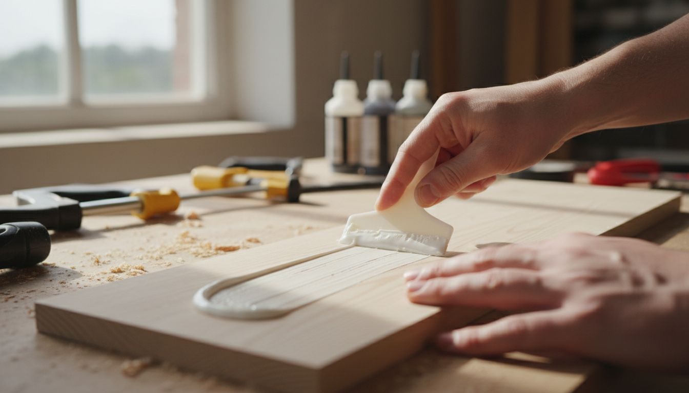 목공 작업장에서 나무판에 접착제를 고르게 바르는 손과 도구의 클로즈업