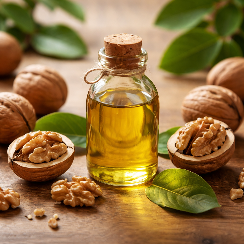 주방에 놓인 신선한 호두와 자연 그대로의 냉압착 호두 오일 병 이미지