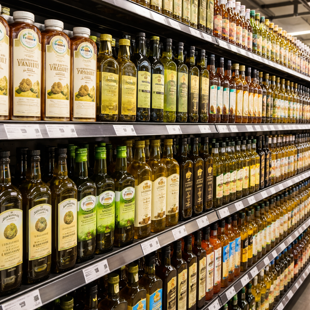 마트의 다양한 식용유 진열대 실사진