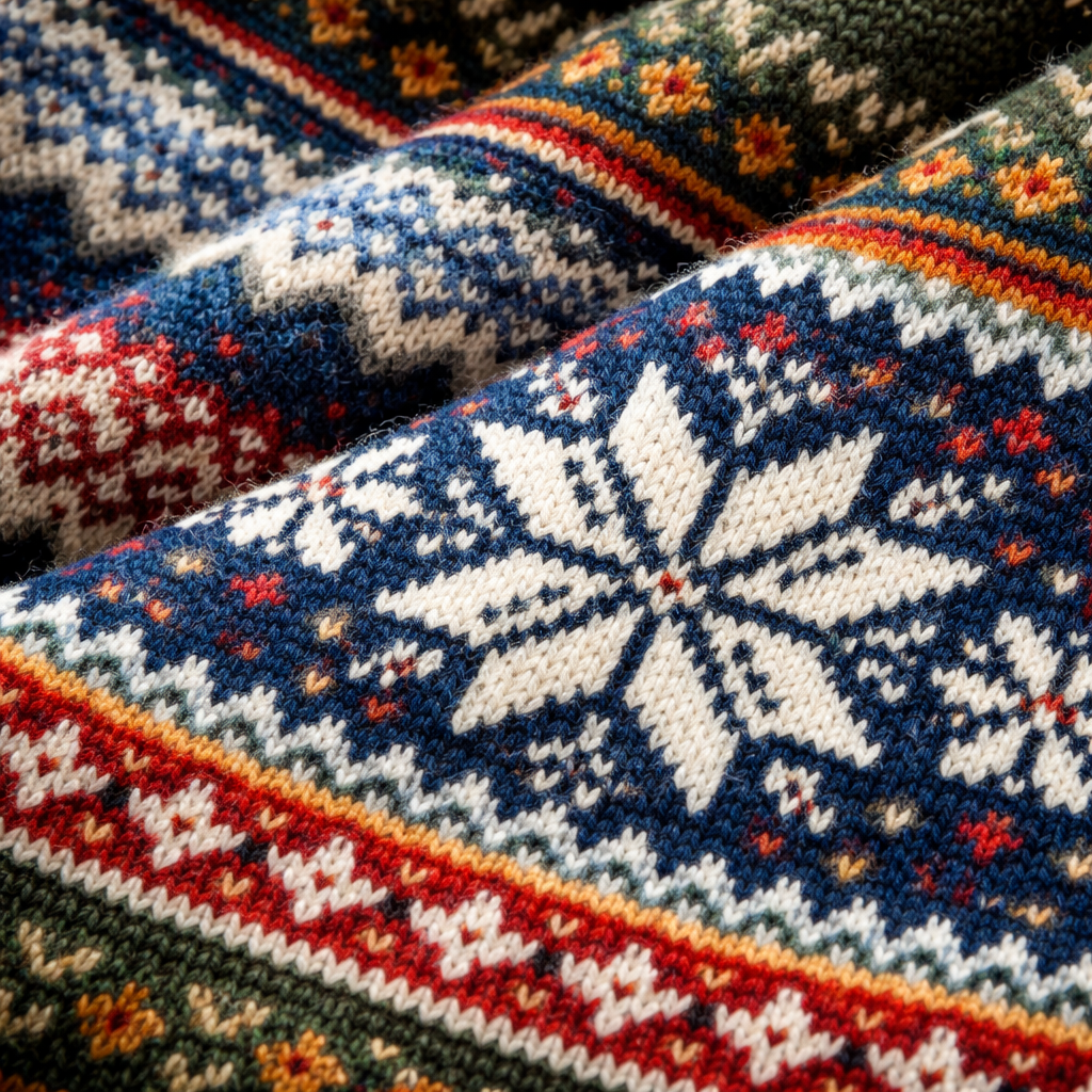 페어 아일과 셀부로즈 눈꽃 문양의 전통적인 노르딕 니트 패턴 클로즈업