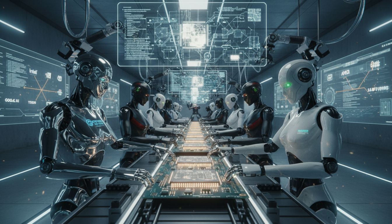 미래형 로봇 조립 라인에서 여러 휴머노이드 로봇과 AI 반도체 칩이 통합되고 있는 모습의 실사 이미지