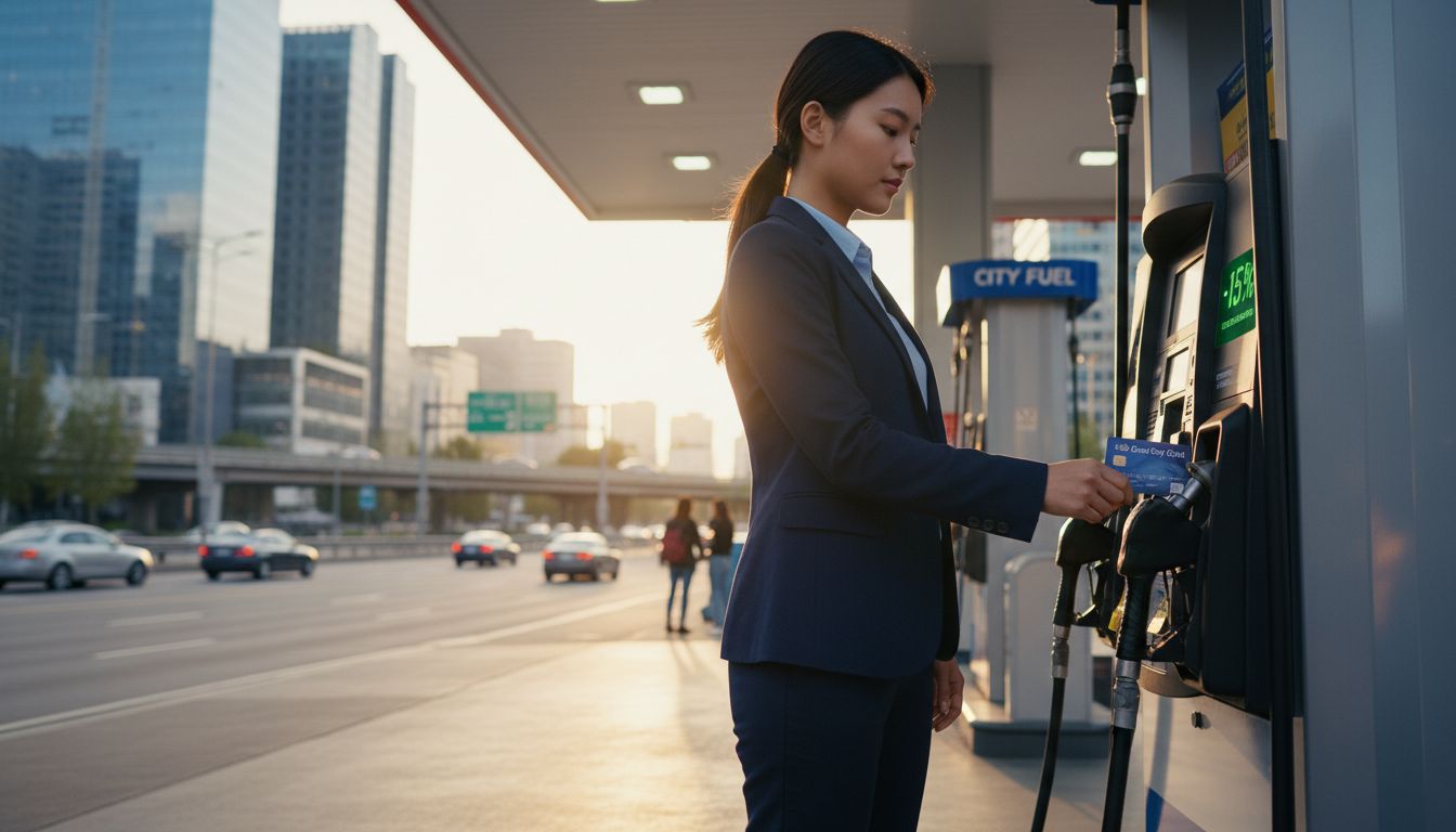 도시 배경에서 주유소에서 KB국민 굿데이올림카드로 결제하는 직장인의 모습