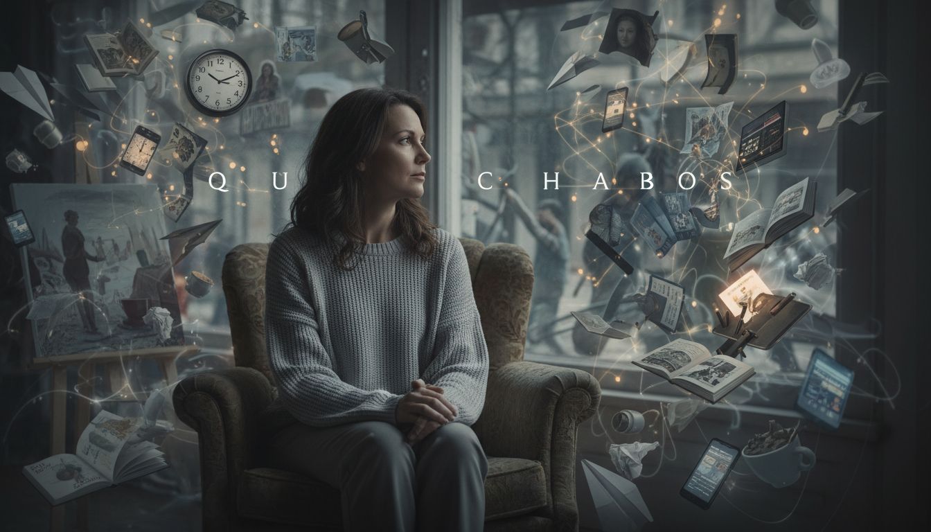 조용한 ADHD의 내면 혼란과 집중력 저하를 상징하는 성인 여성의 모습